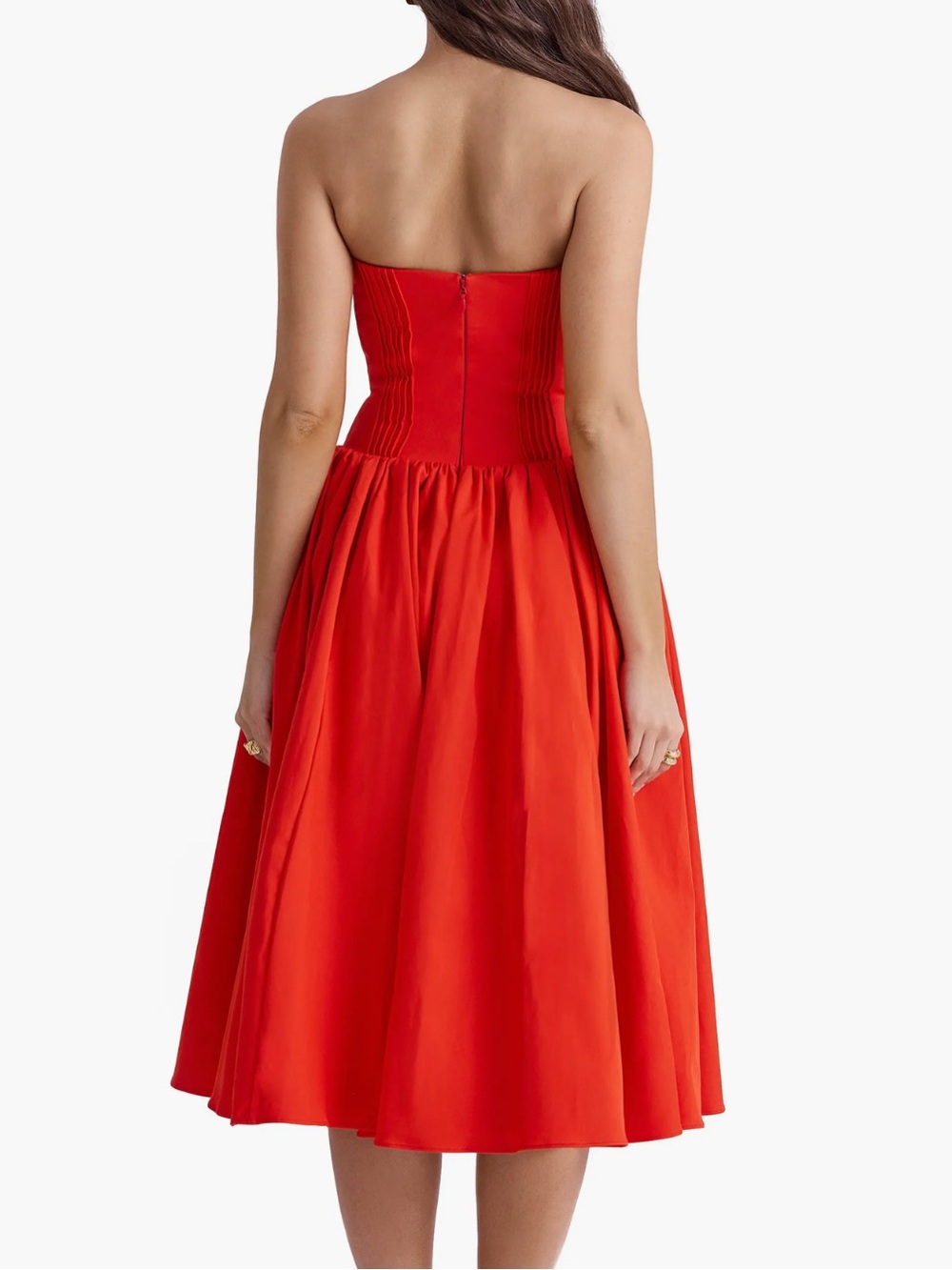 House of CB Red Elizabeth Strapless Midi Dress with Corset Bodice - Picture 3 of 8